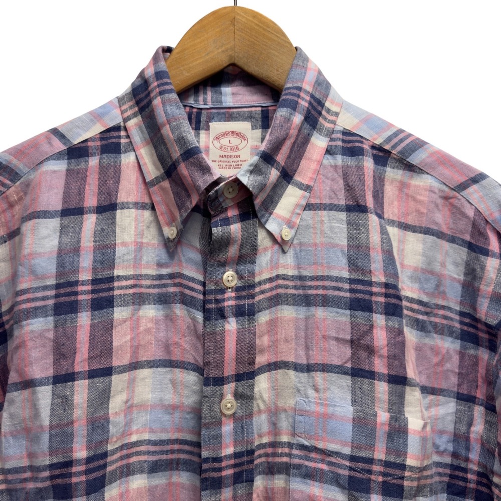 Brooks Brothers Madison Mens Large Pink Blue Plaid Baird McNutt Linen Shirt euc
